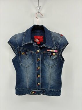 Ecko Unlimited Dark Blue Denim Vest with Multicolor Trim Graffiti Graphics